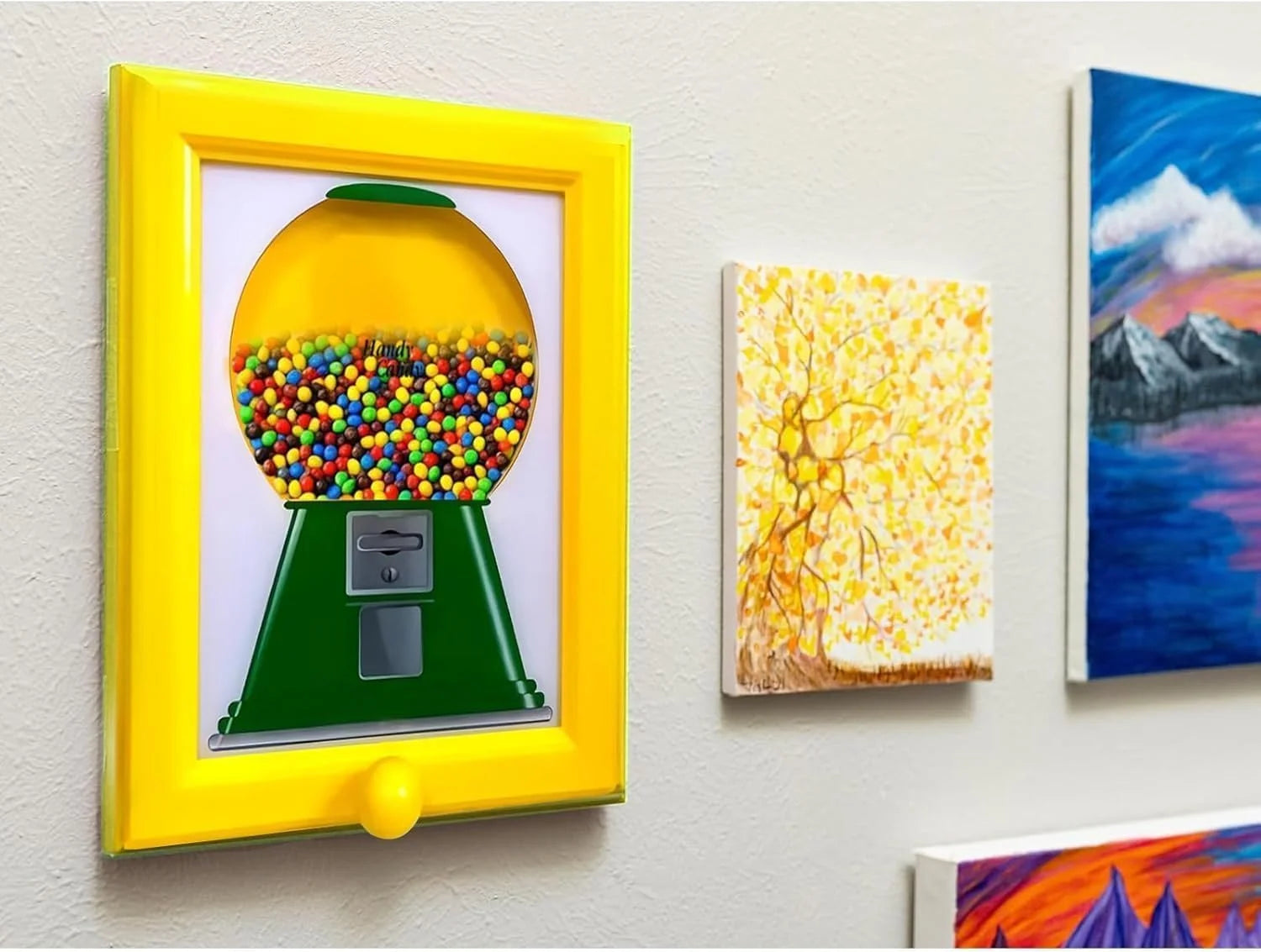 Handy Candy Frame, Candy Picture Frame Dispenser，Hanging Candy Frame, Gumball Machine in a Frame, Fast Distribution Candies, Nuts, Dog & Cat Treats, Suitable for Birthday & Holiday Gifts (Yellow)