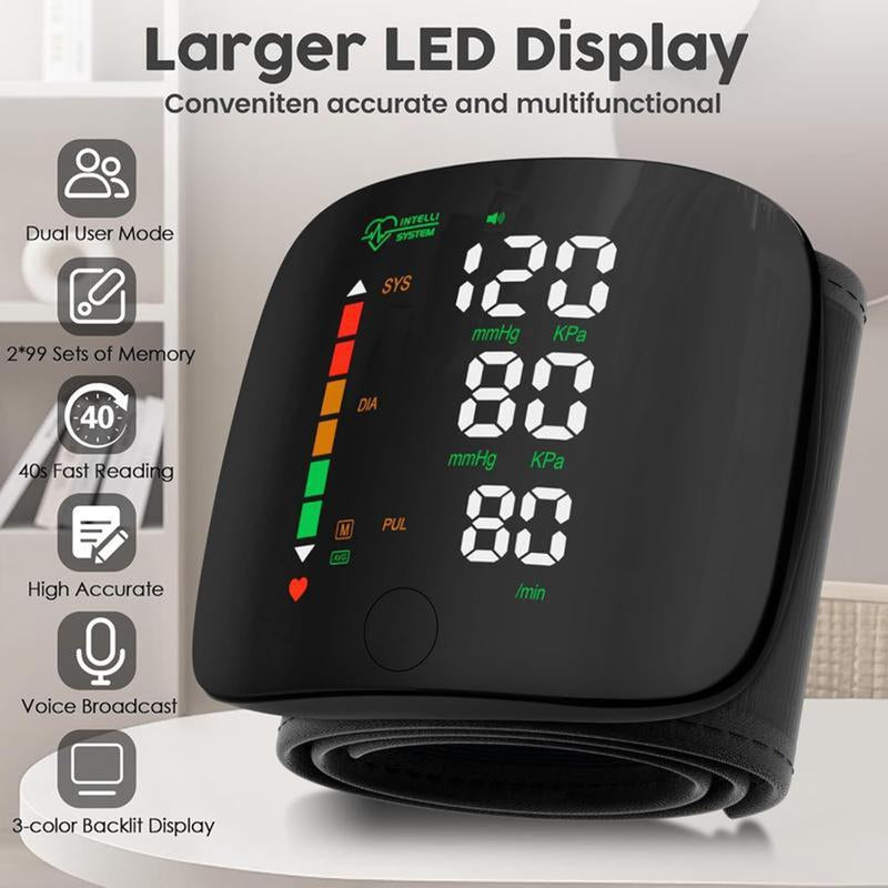 Wrist Blood Pressure Monitor, Rechargeable Blood Pressure Monitor for Home Use, LED Display, Voice Broadcast, Wrist Measuring Instrument, Touch Screen Wrist Blood Pressure Cuff, 99X2 Reading Memory Wrist Blood Pressure Monitor, with Carrying Case.